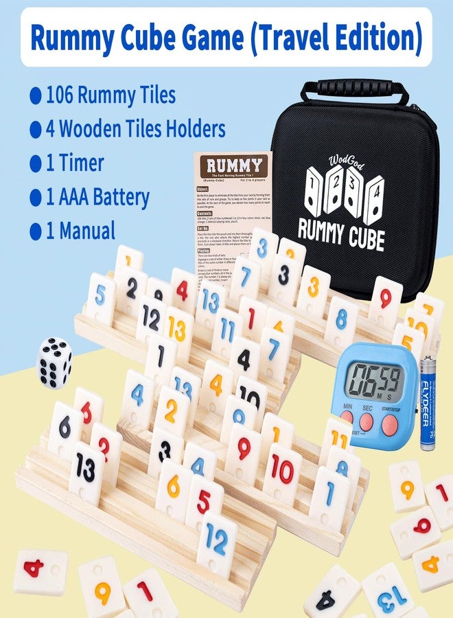 WodGod 4 Player Travel Rummy Cube Game Set, Travel Size Rummy Cube, Mini Rummy Cube Game with 106 Mini Tiles,4 Racks,1Timer,1 Portable Case for Family Classic Party Game - Image 2